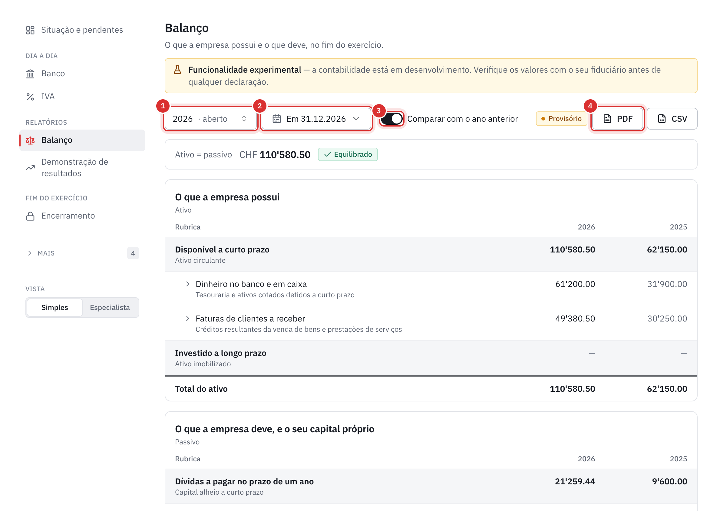 O balanço: o exercício, a data, a comparação com o ano anterior ativada, os botões PDF e CSV e, depois, o ativo de 2026 e de 2025.