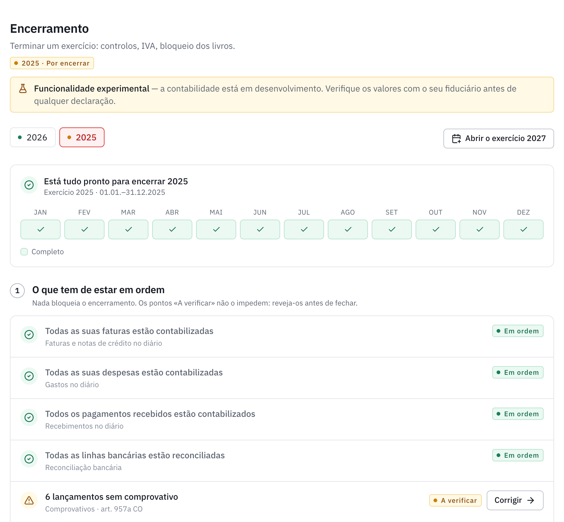 A página Encerramento do exercício 2025: Está tudo pronto para encerrar 2025, os doze meses completos e o início da lista dos controlos.