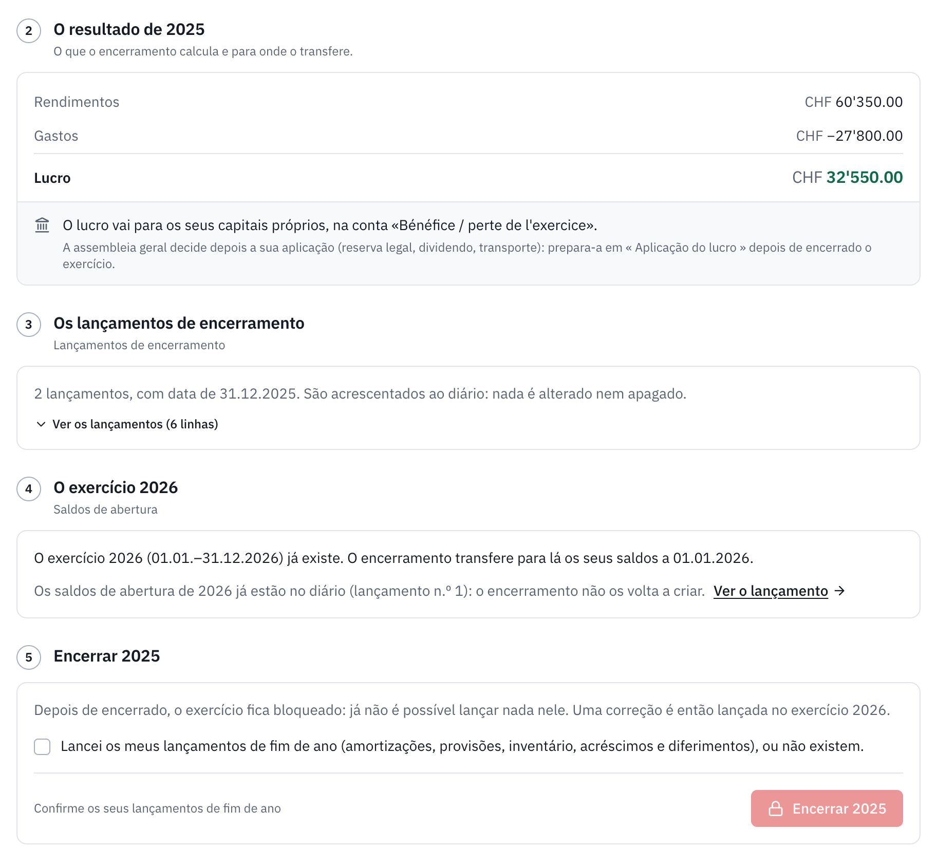 O resultado de 2025: um lucro de CHF 32’550, transferido para a conta de lucro ou prejuízo do exercício; os lançamentos de encerramento, os saldos de abertura de 2026 e o passo Encerrar 2025.