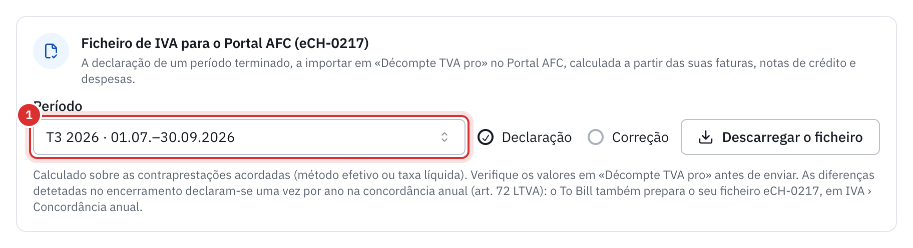O cartão Ficheiro de IVA para o Portal AFC (eCH-0217) das exportações: o período, o tipo Declaração ou Correção e o botão Descarregar o ficheiro.