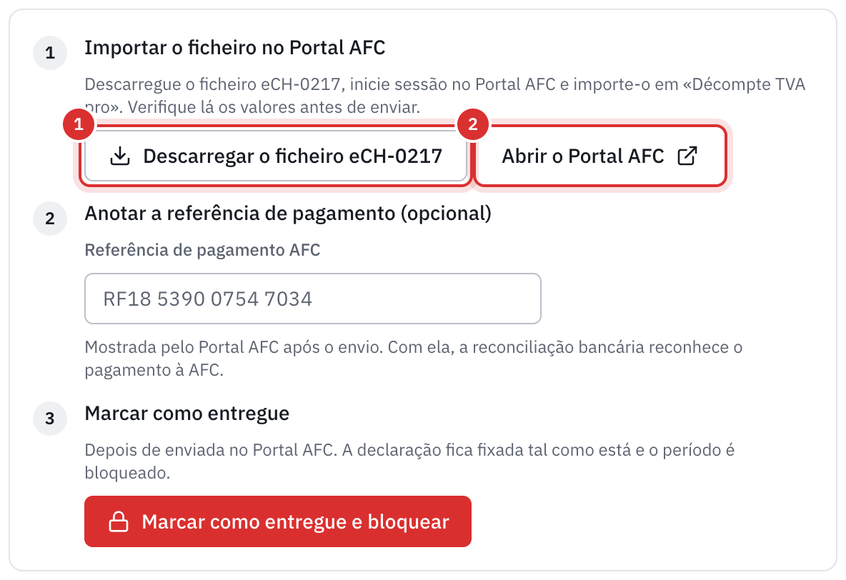 O passo Importar o ficheiro no Portal AFC, com os botões Descarregar o ficheiro eCH-0217 e Abrir o Portal AFC.