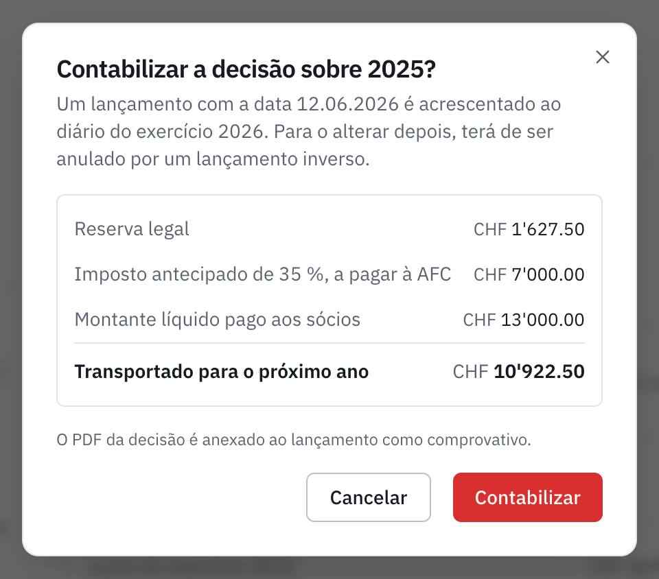 A janela para contabilizar a decisão sobre 2025: o lançamento com data de 12.06.2026, a reserva legal, o imposto antecipado, o montante líquido e o resto transportado.