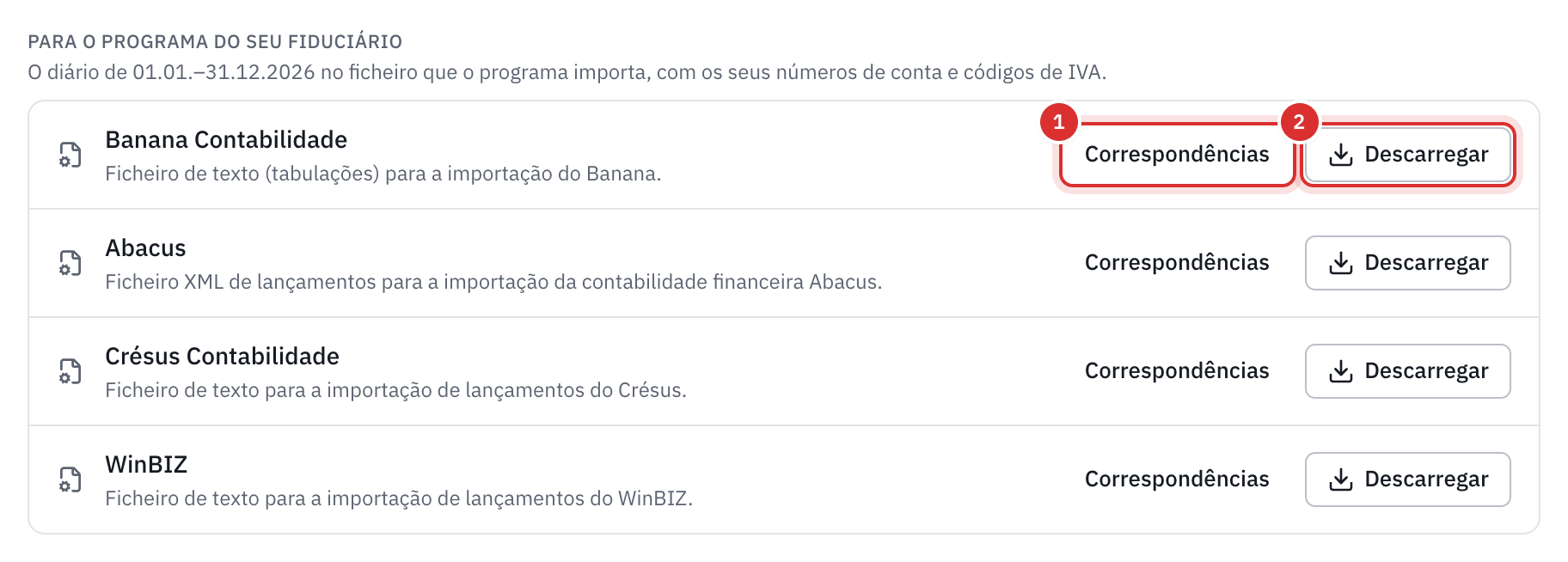 Os quatro programas de fiduciário, cada um com os botões Correspondências e Descarregar.