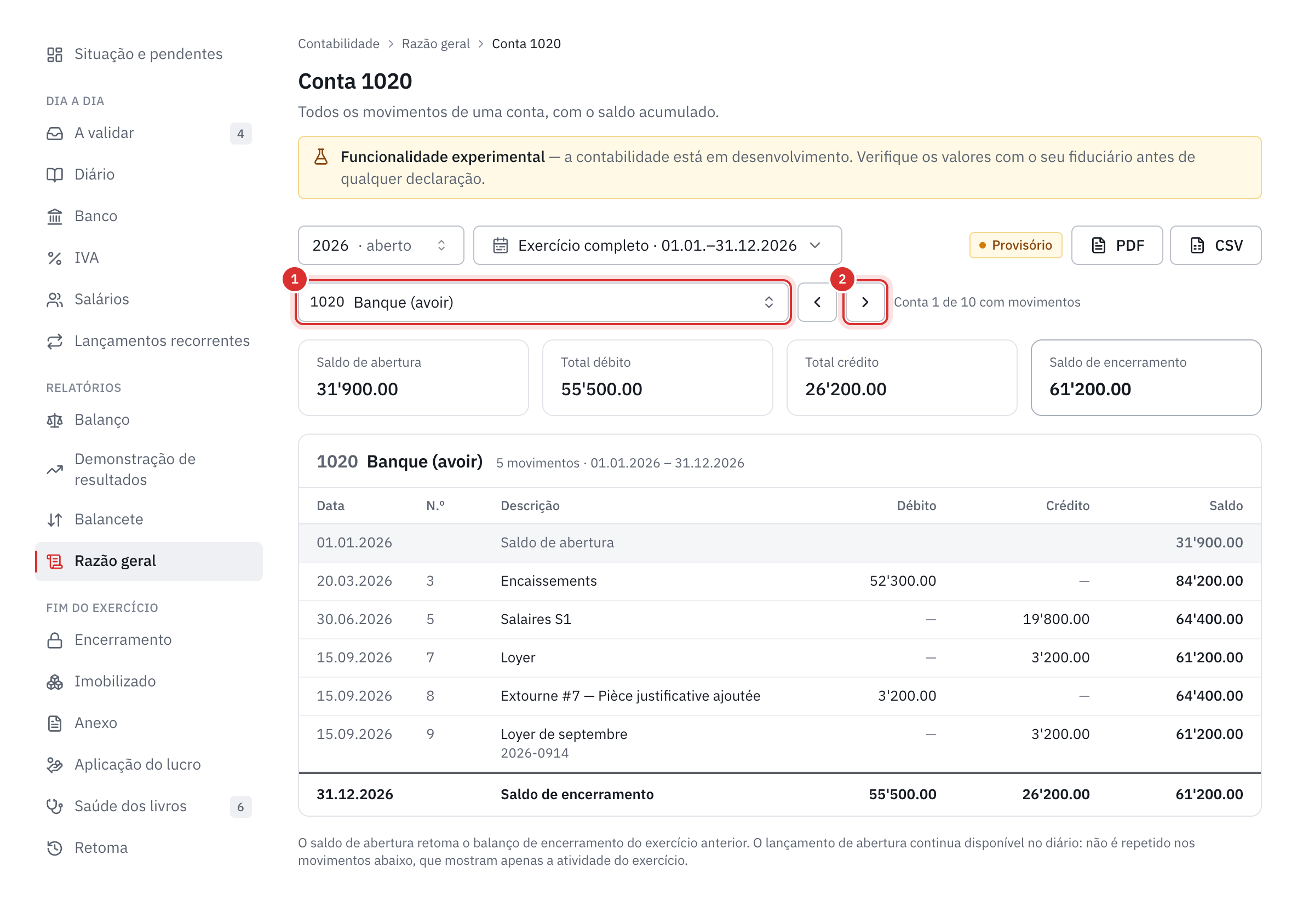 O razão geral da conta 1020 Banco: o saldo de abertura, os totais, o saldo de encerramento e cada movimento com o saldo ao longo do tempo.