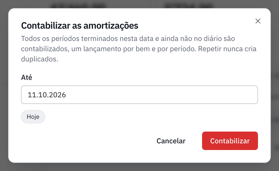 A janela Contabilizar as amortizações, com a data Até e os atalhos Hoje e Encerramento.