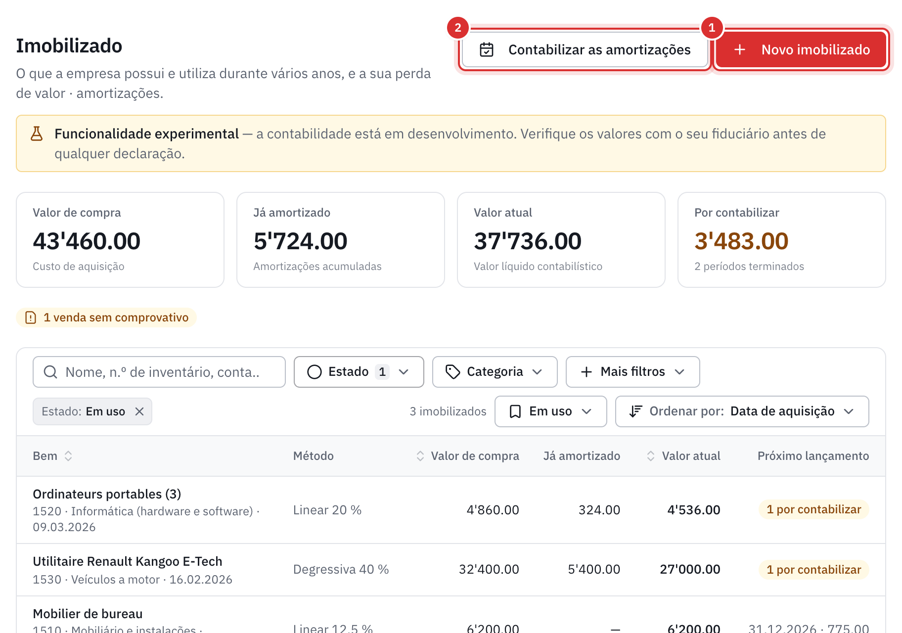 O registo do imobilizado: os quatro números, a barra de pesquisa e de filtros e três bens em uso.