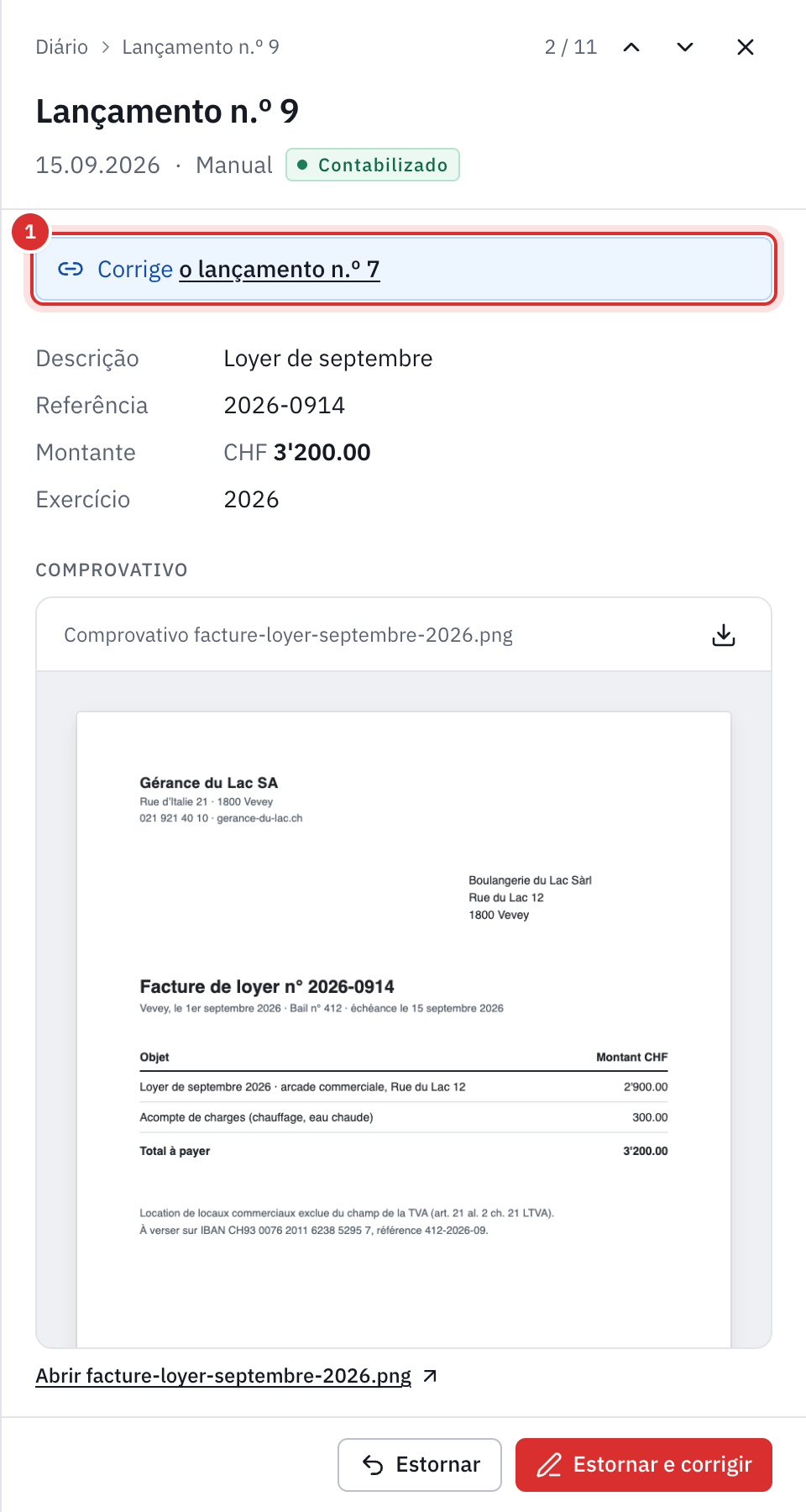 O painel da correção: a ligação para o lançamento n.º 7 que corrige e a fatura da renda anexada como comprovativo.