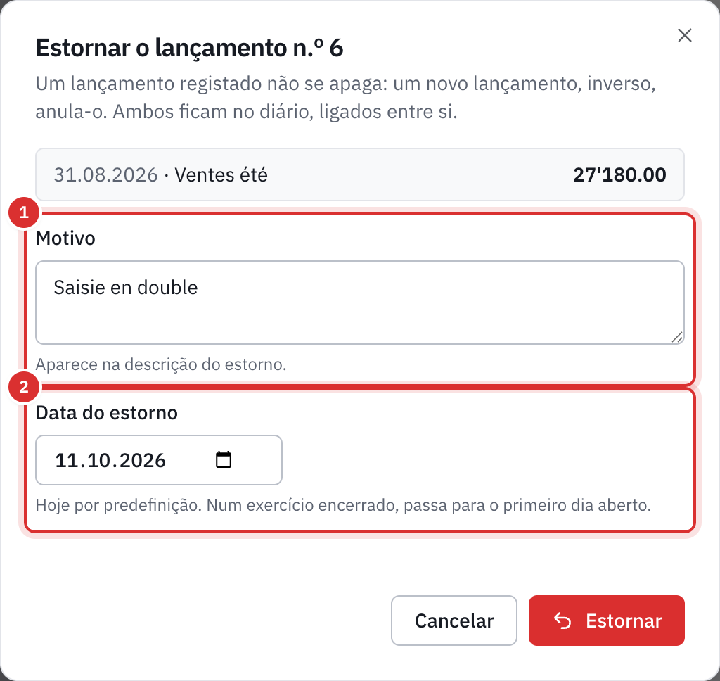 A janela de estorno do lançamento n.º 6: o motivo Saisie en double e a data do estorno.