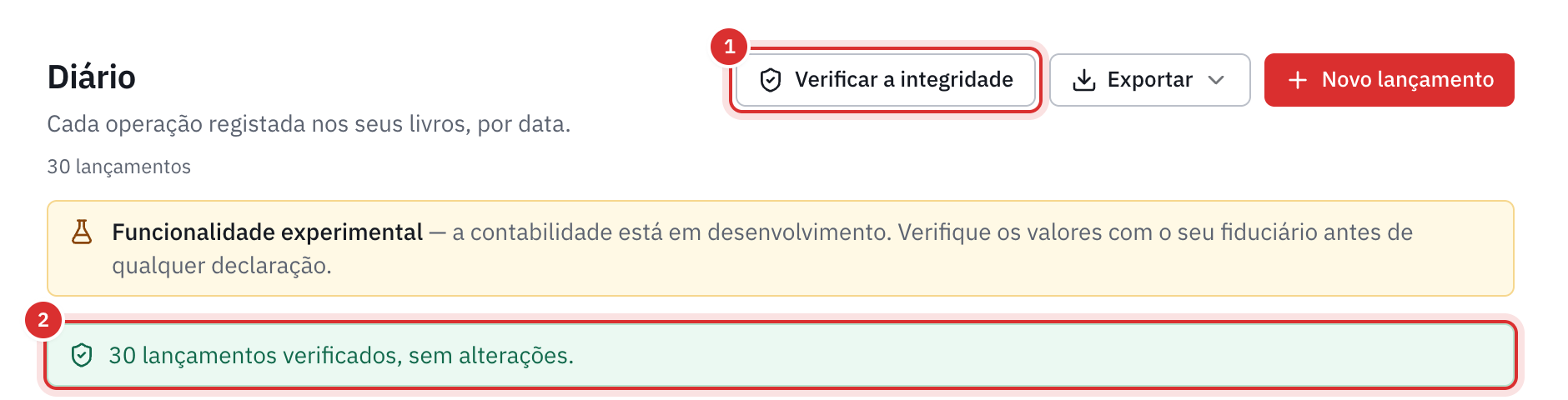 O resultado da verificação: todos os lançamentos verificados, nenhuma alteração.