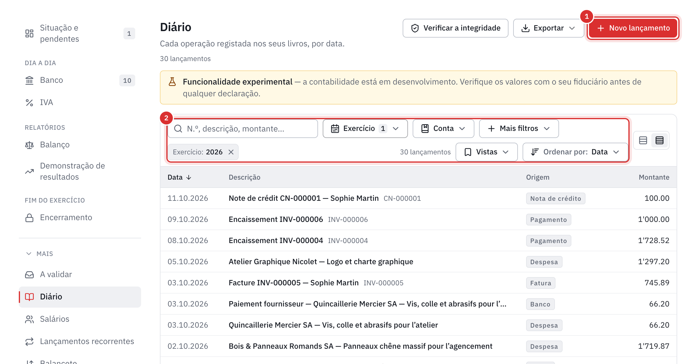 O diário: o botão Novo lançamento, a barra de pesquisa e de filtros e, depois, os lançamentos com a respetiva origem e montante.