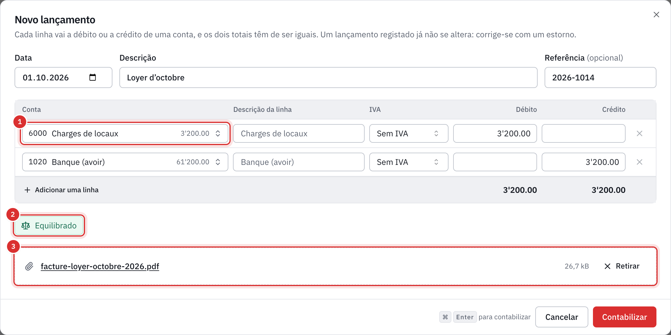 A janela Novo lançamento: uma renda de 3’200 francos a débito da conta 6000 e a crédito do banco 1020, equilibrado, com a fatura anexada.