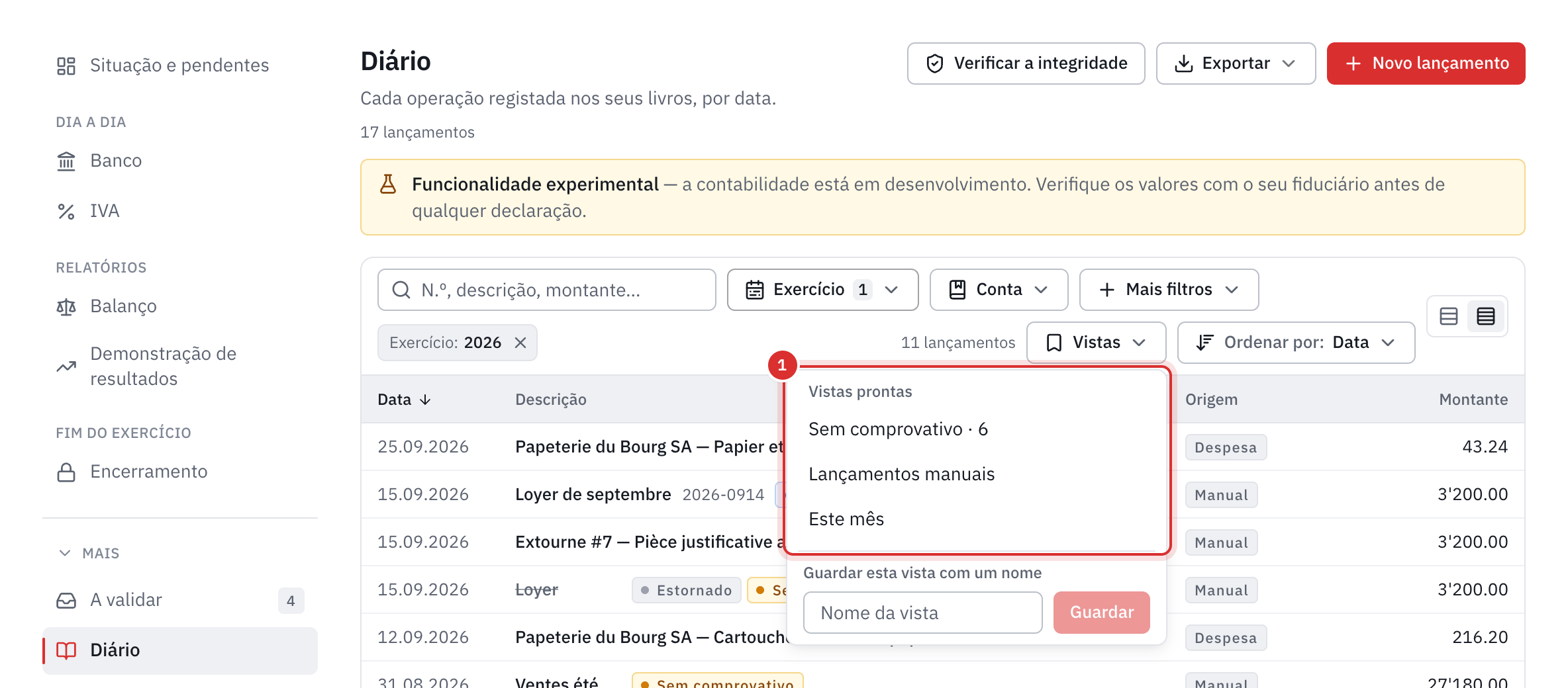 O menu Vistas do diário aberto: Sem comprovativo, seis lançamentos, depois Lançamentos manuais e Este mês.