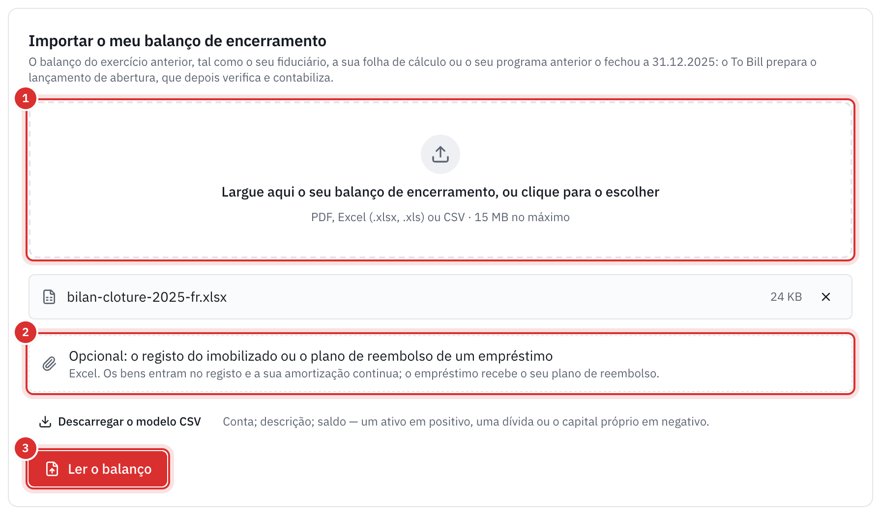 O quadro Importar o meu balanço de encerramento: o ficheiro do balanço escolhido, o quadro opcional do registo do imobilizado ou do plano de reembolso do empréstimo, e o botão Ler o balanço.