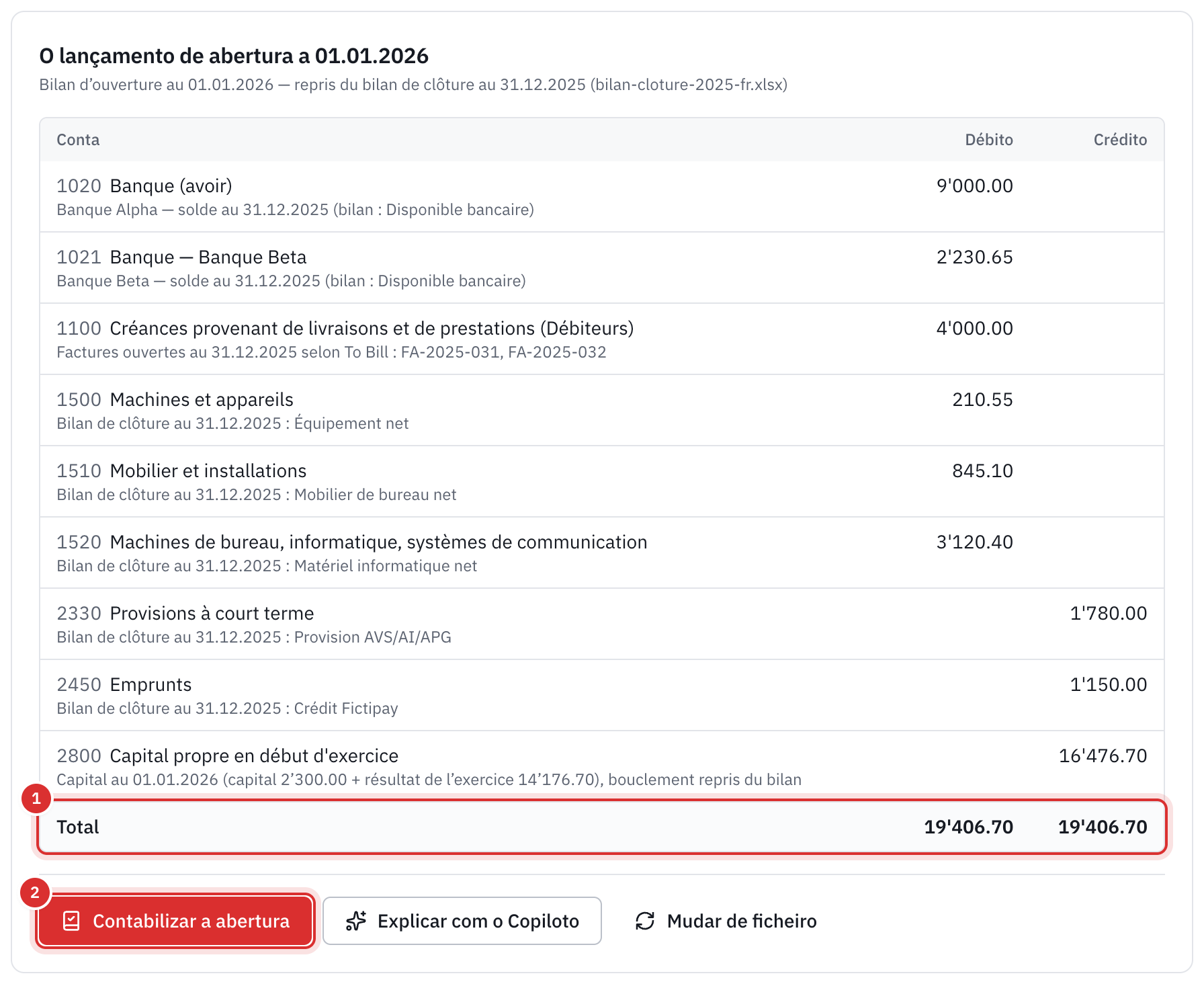 O lançamento de abertura a 01.01.2026: os bancos, os clientes, o imobilizado, a provisão, o empréstimo e o capital, o total equilibrado e o botão Contabilizar a abertura.