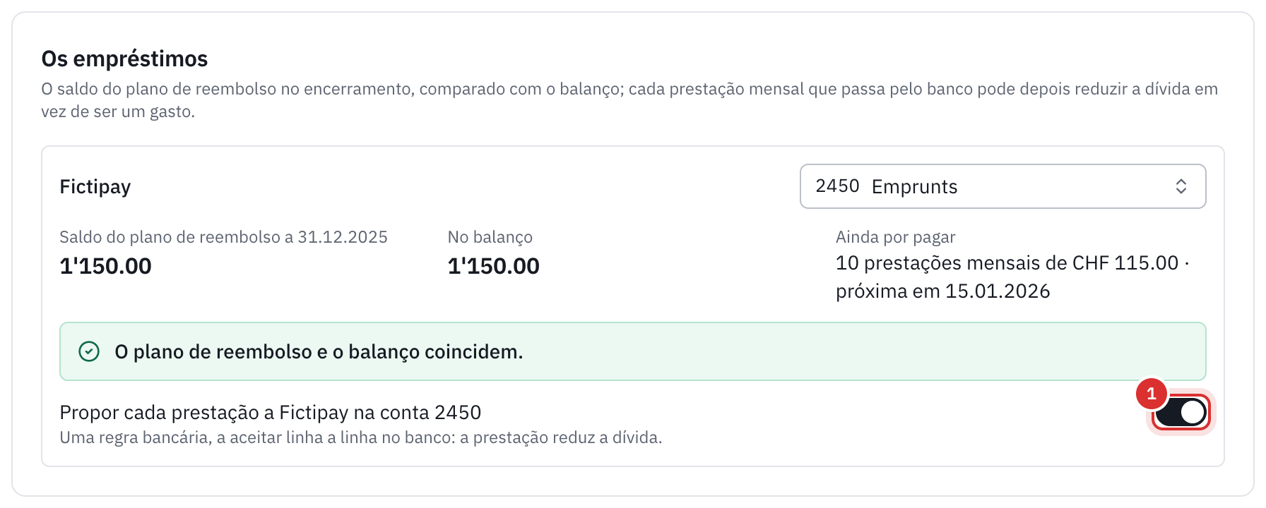 A secção Os empréstimos: o saldo do plano de reembolso e o do balanço, que coincidem, as dez prestações mensais ainda por pagar e a regra bancária proposta.