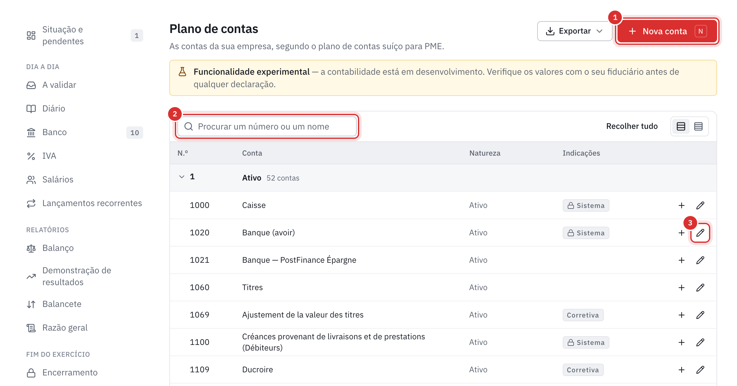 O plano de contas: as contas da classe 1 com a natureza e as indicações, o botão Nova conta e a pesquisa.