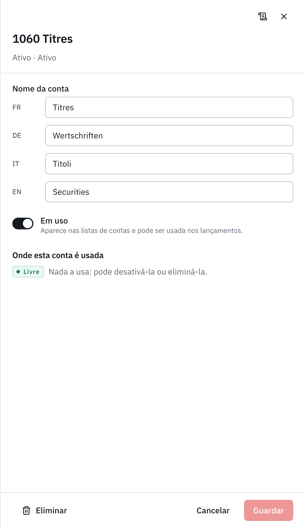 A janela da conta 1060 Títulos: os nomes em quatro línguas, o interruptor Em uso e Onde esta conta é usada, livre.