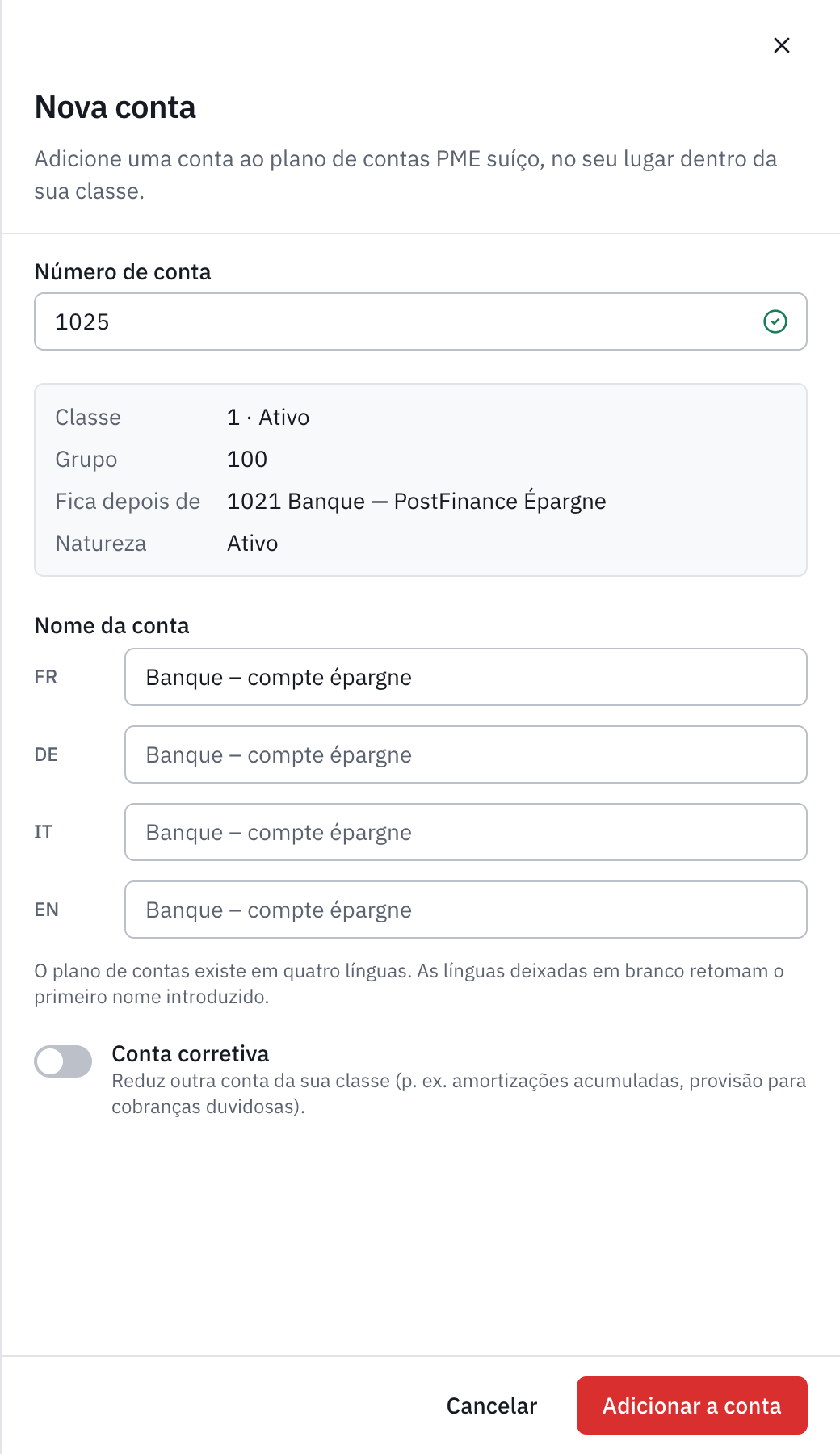 A janela Nova conta: o número 1025, o seu lugar depois de 1020 Banco, e o nome Banco – conta poupança.