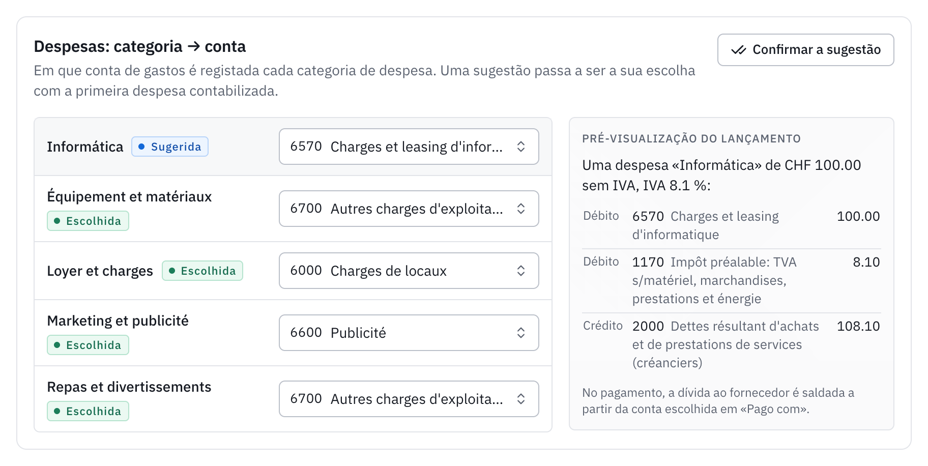 O cartão Despesas: categoria para conta, com a categoria Informatique sugerida na conta 6570 e a pré-visualização do lançamento.