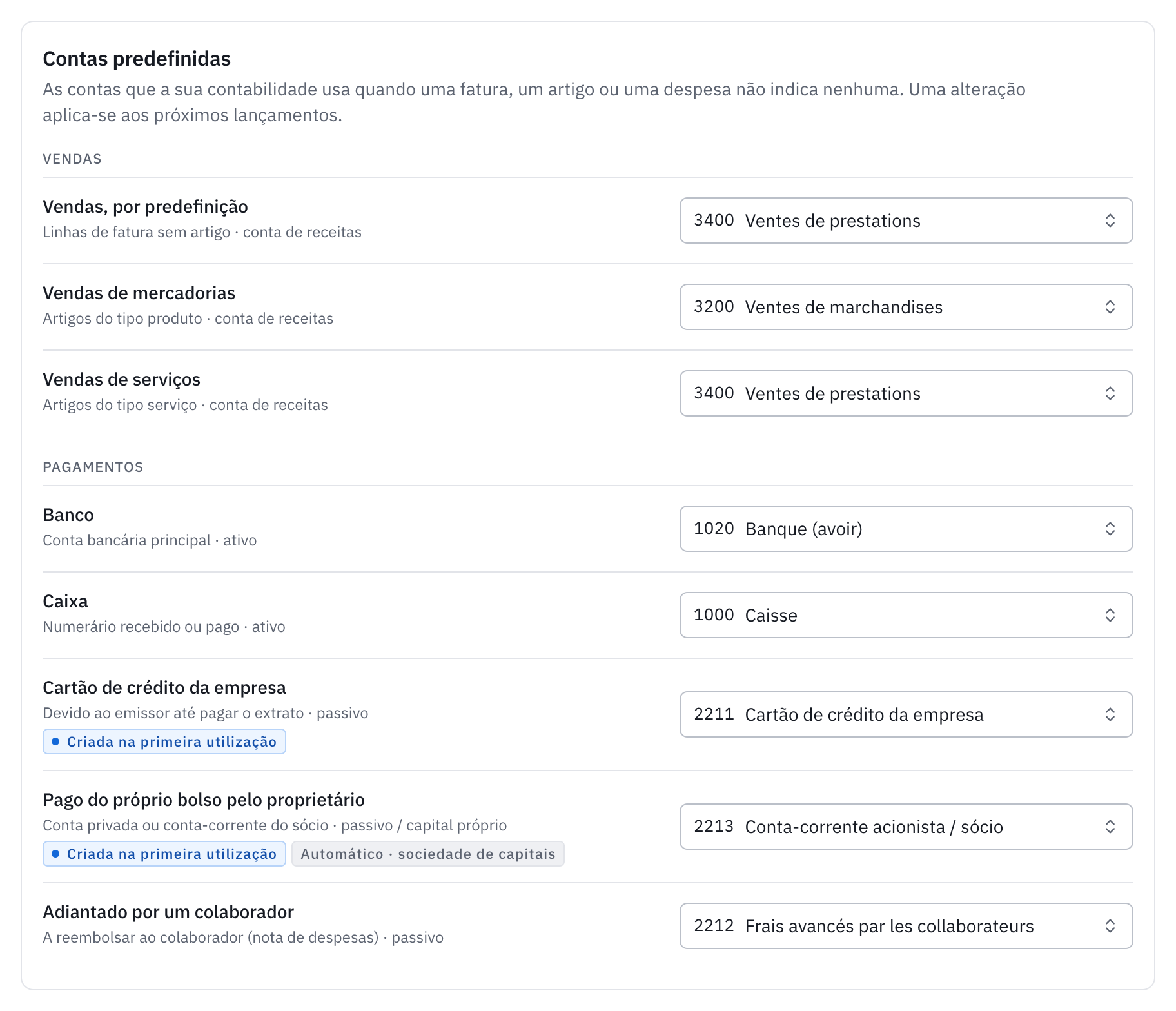 O cartão Contas predefinidas: as contas de vendas e, depois, as do banco, da caixa, do cartão de crédito, do proprietário e dos colaboradores.