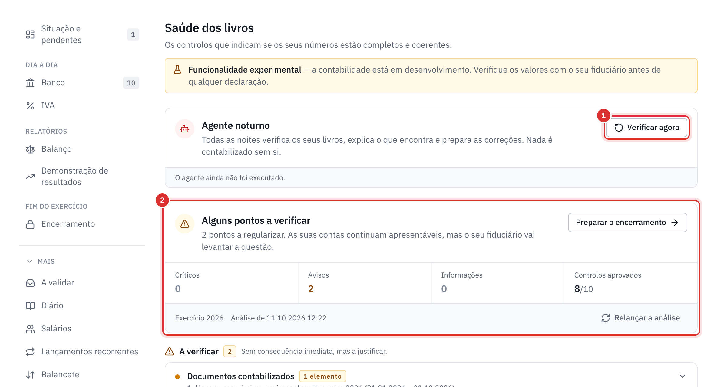 A página Saúde dos livros: o agente noturno com Verificar agora e, depois, o diagnóstico Alguns pontos a verificar com os respetivos contadores.