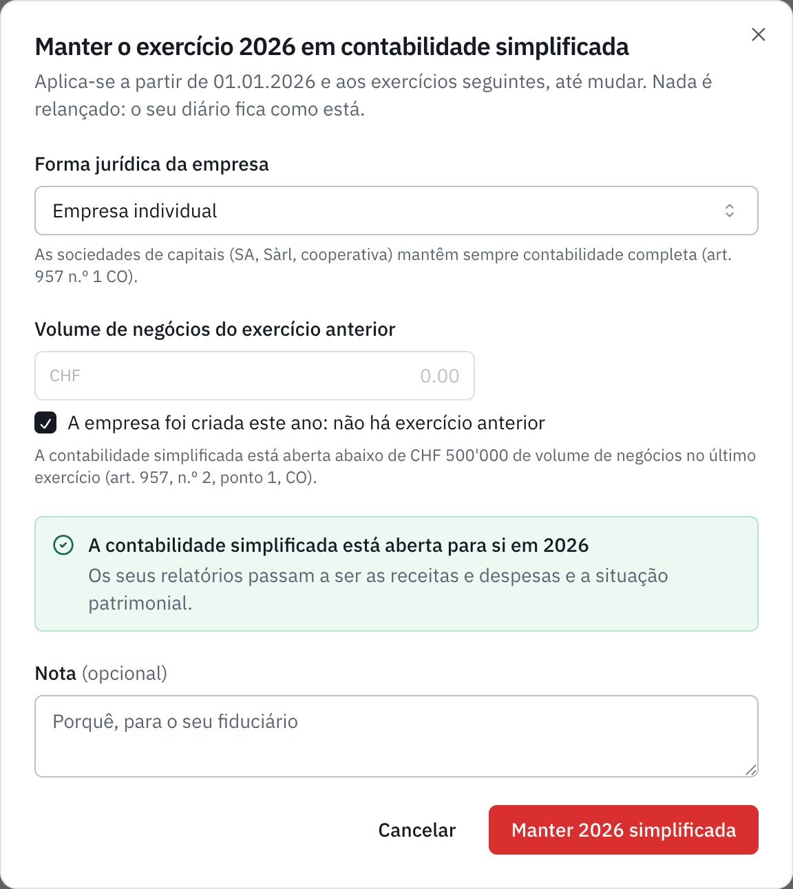 A janela para manter o exercício 2026 em contabilidade simplificada: empresário em nome individual criado este ano, e a mensagem de que a contabilidade simplificada está aberta para 2026.