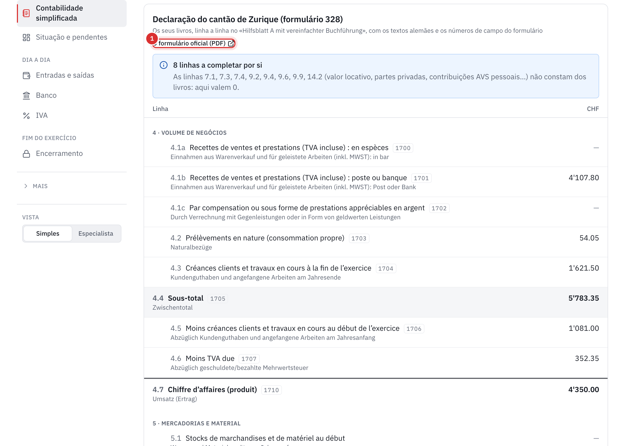 A vista Declaração ZH 328: a ligação para o formulário oficial, as linhas a completar por si e as linhas do volume de negócios.
