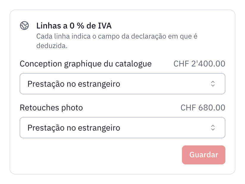 A moldura Linhas a 0 % de IVA de uma fatura a um cliente na Alemanha: as duas linhas classificadas como Prestação no estrangeiro.