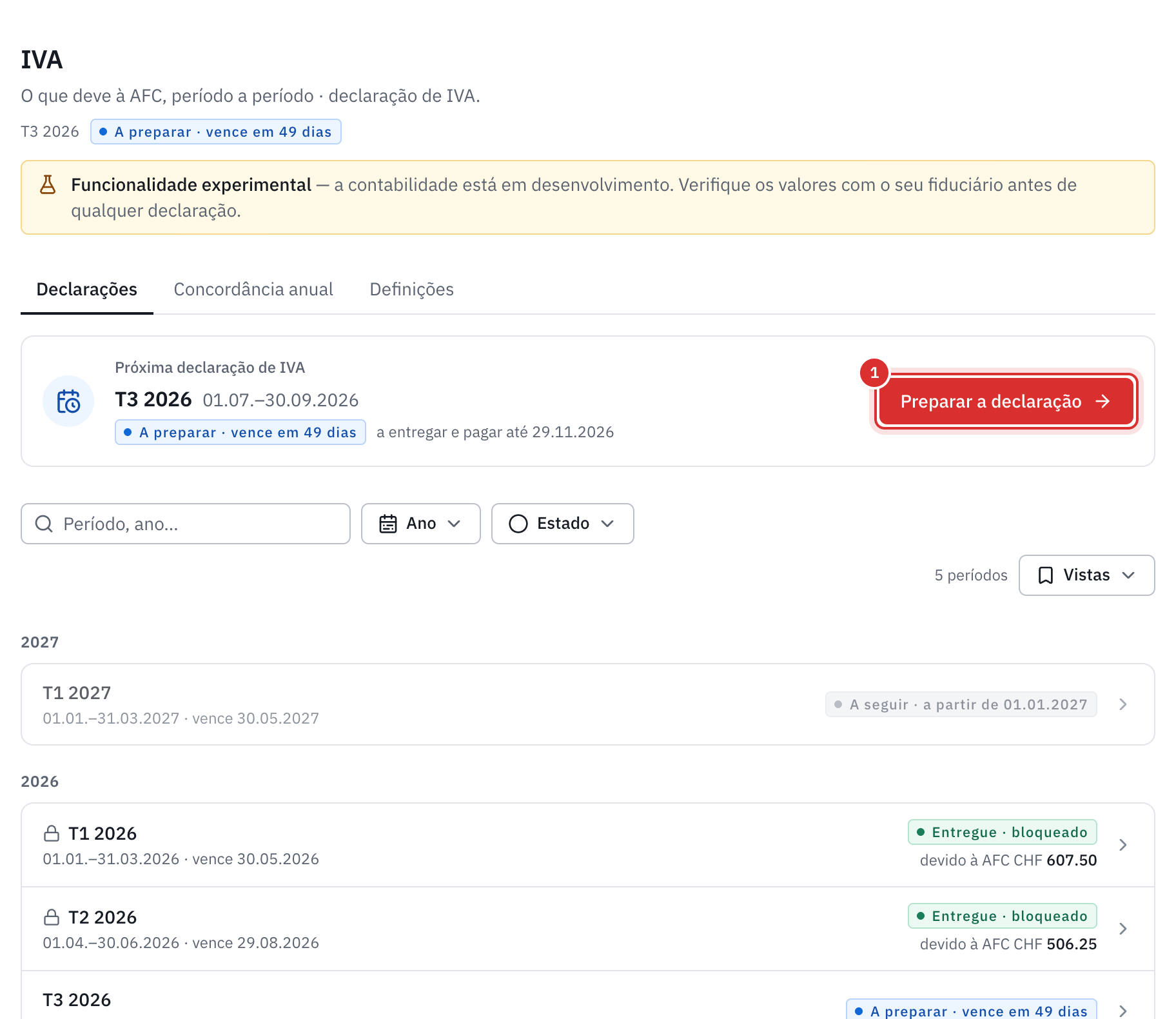 O separador Declarações: a próxima declaração T3 2026 com o botão Preparar a declaração e, depois, a lista dos períodos com o respetivo estado.