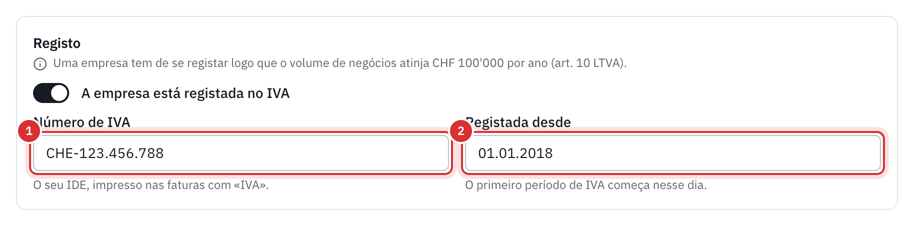 O cartão Registo: o interruptor A empresa está registada no IVA, o número de IVA e a data de inscrição.