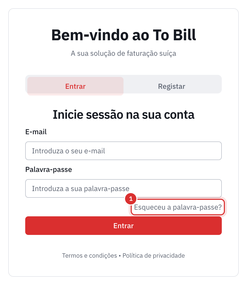 A página Inicie sessão na sua conta: o e-mail, a palavra-passe e a ligação Esqueceu a palavra-passe?.