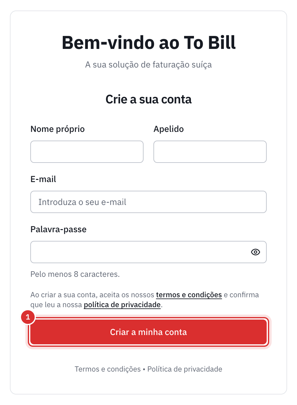 O formulário de criação de conta: nome próprio, apelido, e-mail, palavra-passe, a frase sobre as condições gerais e o botão Criar a minha conta.