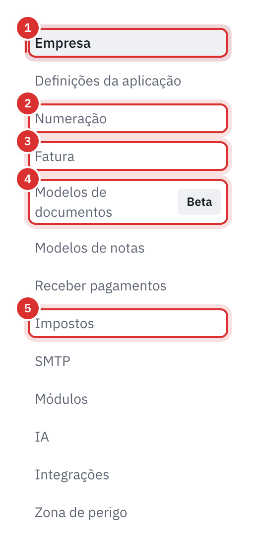 O menu das definições, com Empresa, Numeração, Fatura, Modelos de documentos e Impostos assinalados.