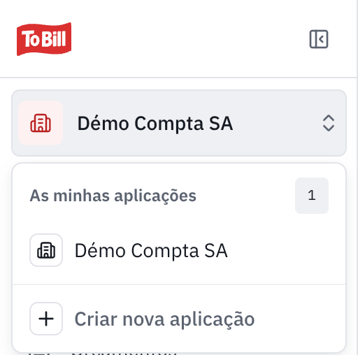 O seletor de empresa aberto: Minhas aplicações, a empresa atual e Criar nova aplicação.