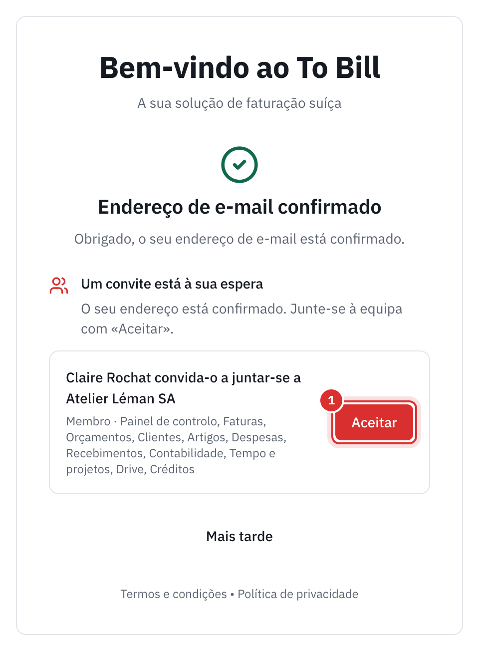 A página Endereço de e-mail confirmado: Um convite está à sua espera, Claire Rochat convida-o a juntar-se a Atelier Léman SA, o papel Membro e as respetivas áreas, o botão Aceitar e, por baixo, Mais tarde.