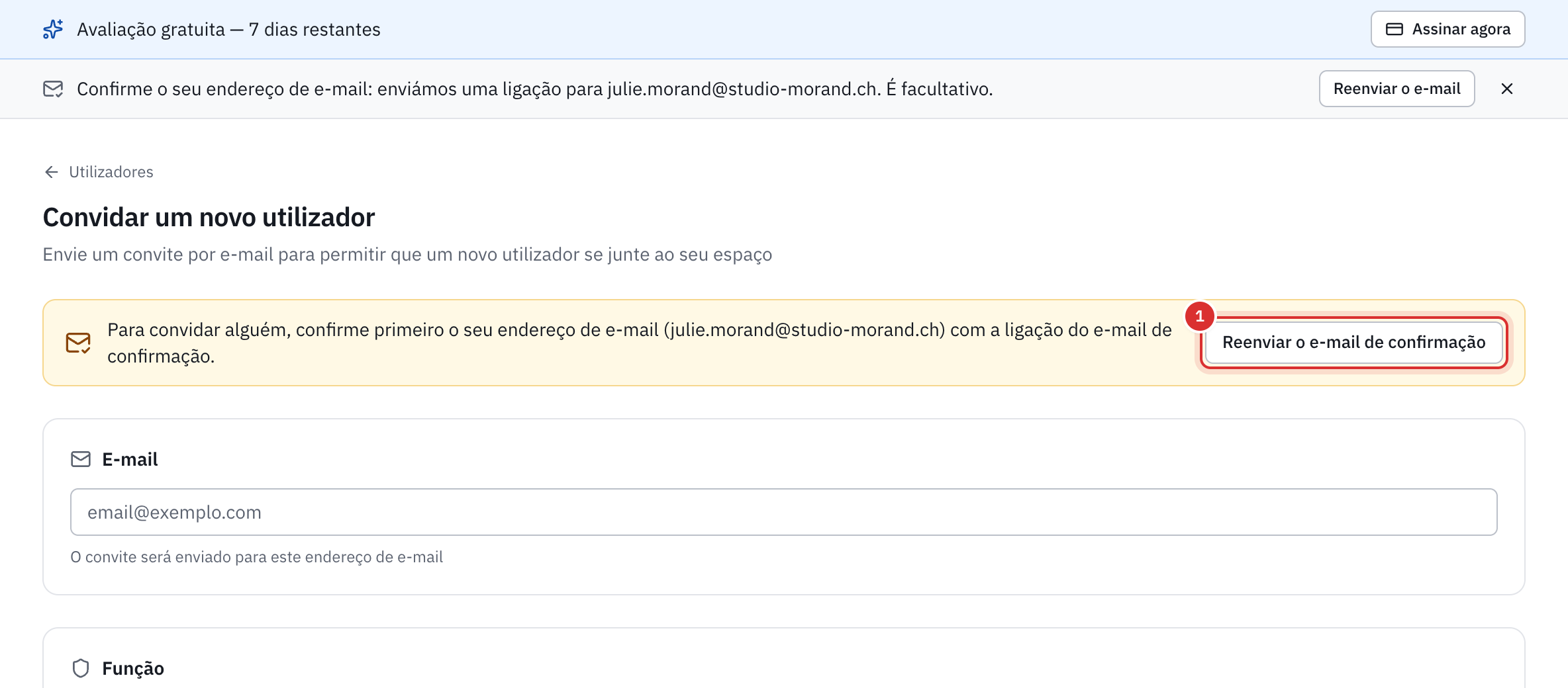 A página Convidar um novo utilizador de uma conta cujo endereço não está confirmado: a mensagem Para convidar alguém, confirme primeiro o seu endereço de e-mail, com o botão Reenviar o e-mail de confirmação.