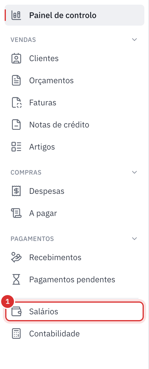 O menu da esquerda: Vendas, Compras e Pagamentos e, a seguir, a nova entrada Salários, antes de Contabilidade.