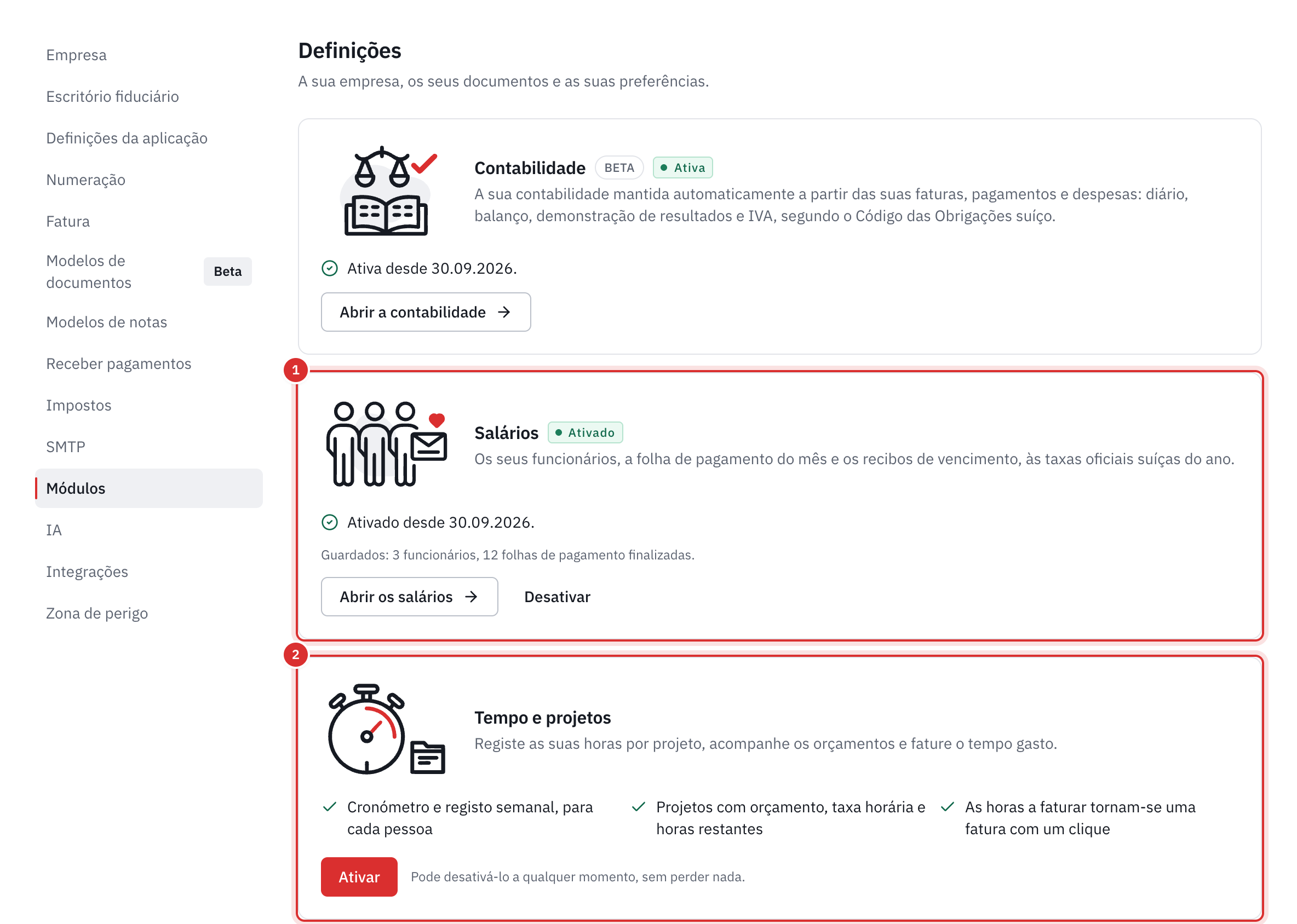 O separador Módulos: a contabilidade e os salários ativados, com Abrir e Desativar, e Tempo e projetos com o botão Ativar.