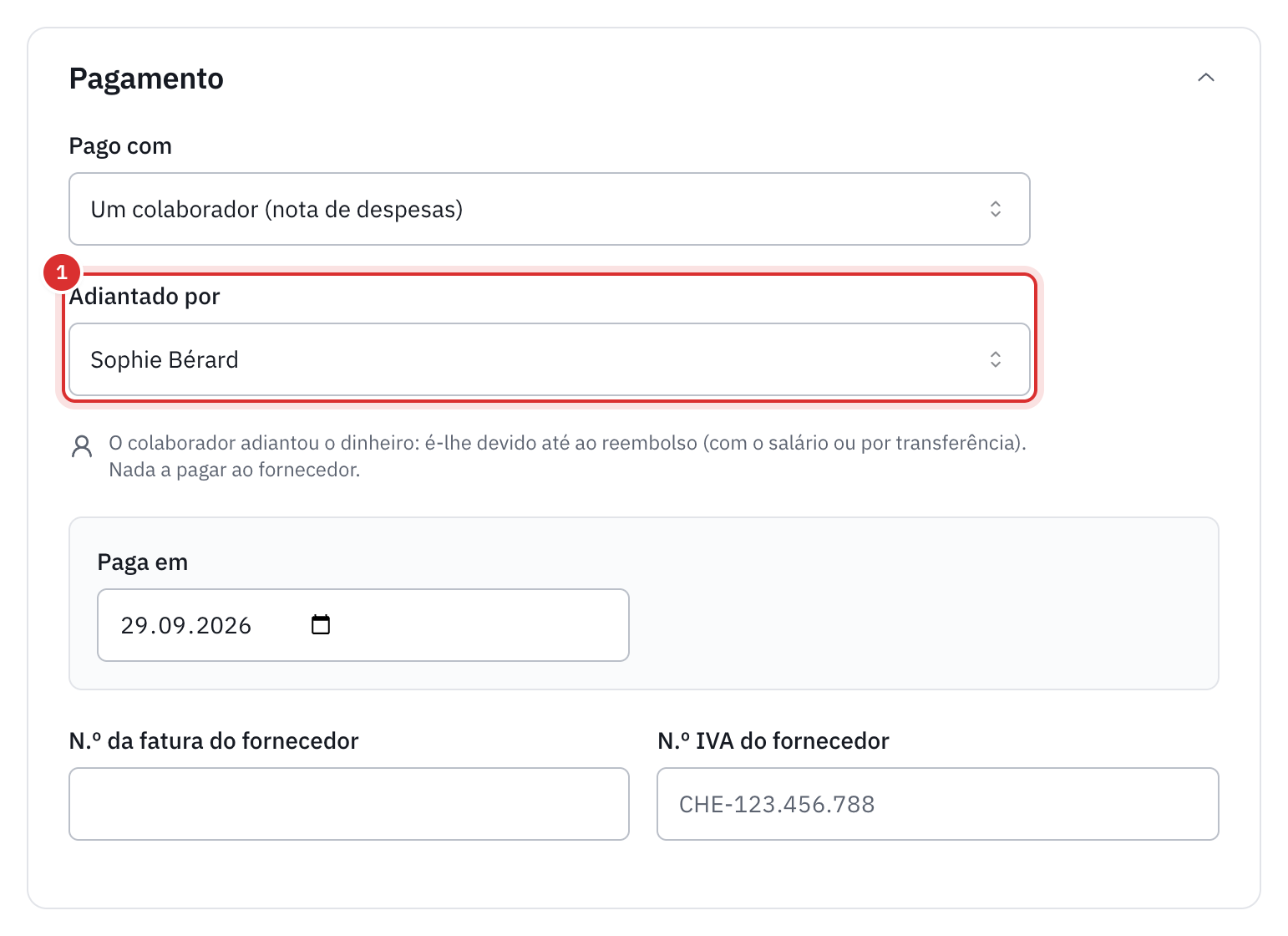 O pagamento de uma despesa paga por Um colaborador (nota de despesas), com o campo Adiantado por: Sophie Bérard.