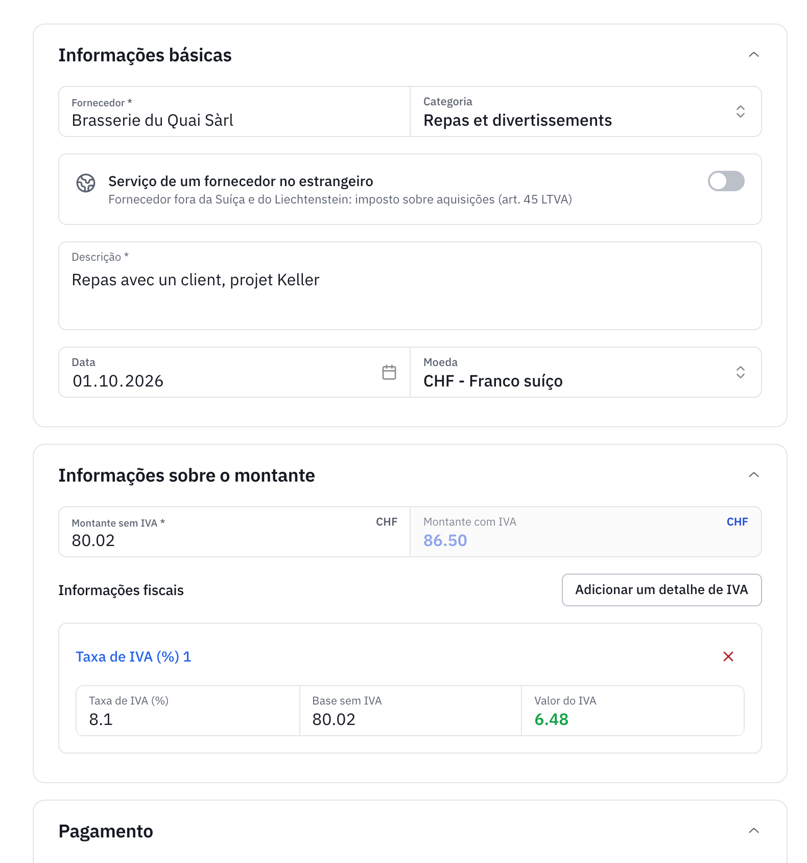 As secções Informações básicas e Informações sobre o montante: fornecedor, categoria, descrição, data, moeda, montante sem IVA, montante com IVA e uma taxa de IVA de 8,1 %.
