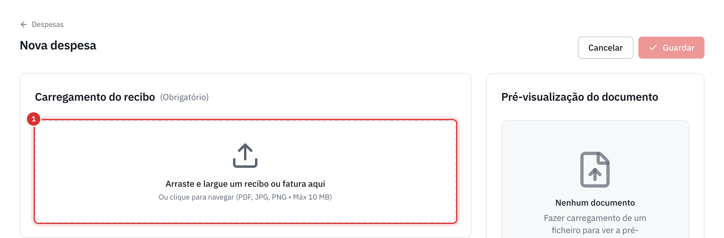 A página Nova despesa: o quadro Carregamento do recibo, marcado como obrigatório, e a pré-visualização do documento à direita.