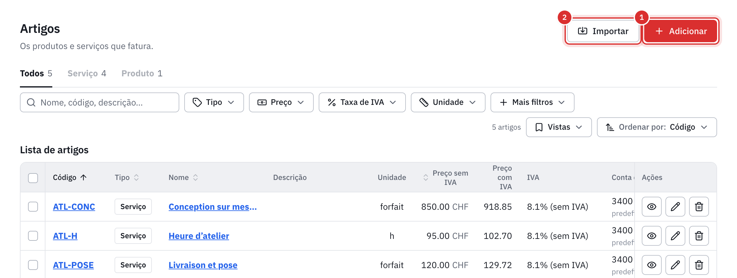 A lista dos artigos com o código, o tipo, o preço sem IVA e com IVA, o IVA e a conta de vendas.
