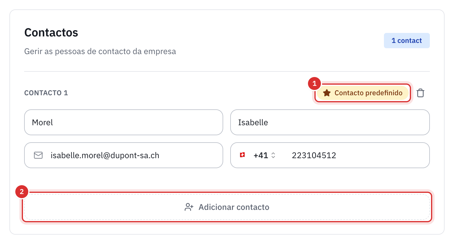 A secção Contactos da ficha de uma empresa, com um contacto predefinido e o botão Adicionar contacto.