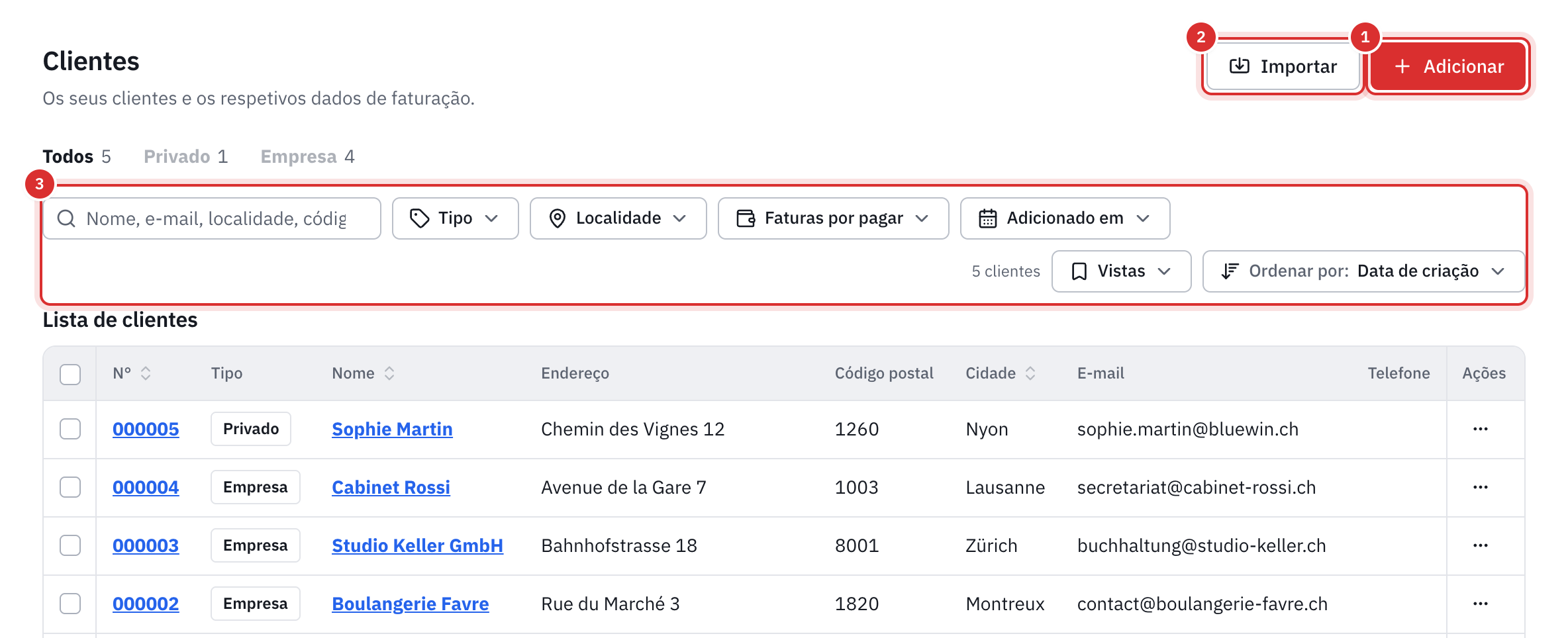 A lista dos clientes: os botões Adicionar e Importar, os separadores Todos, Privado e Empresa, a barra de pesquisa e de filtros e, por baixo, a tabela.