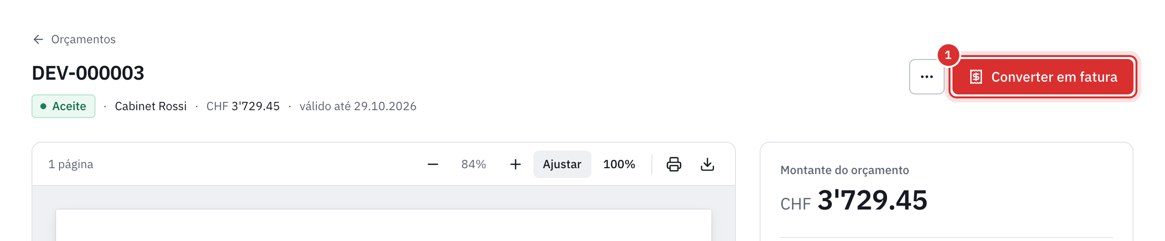 O cabeçalho de um orçamento aceite, com o botão Converter em fatura.