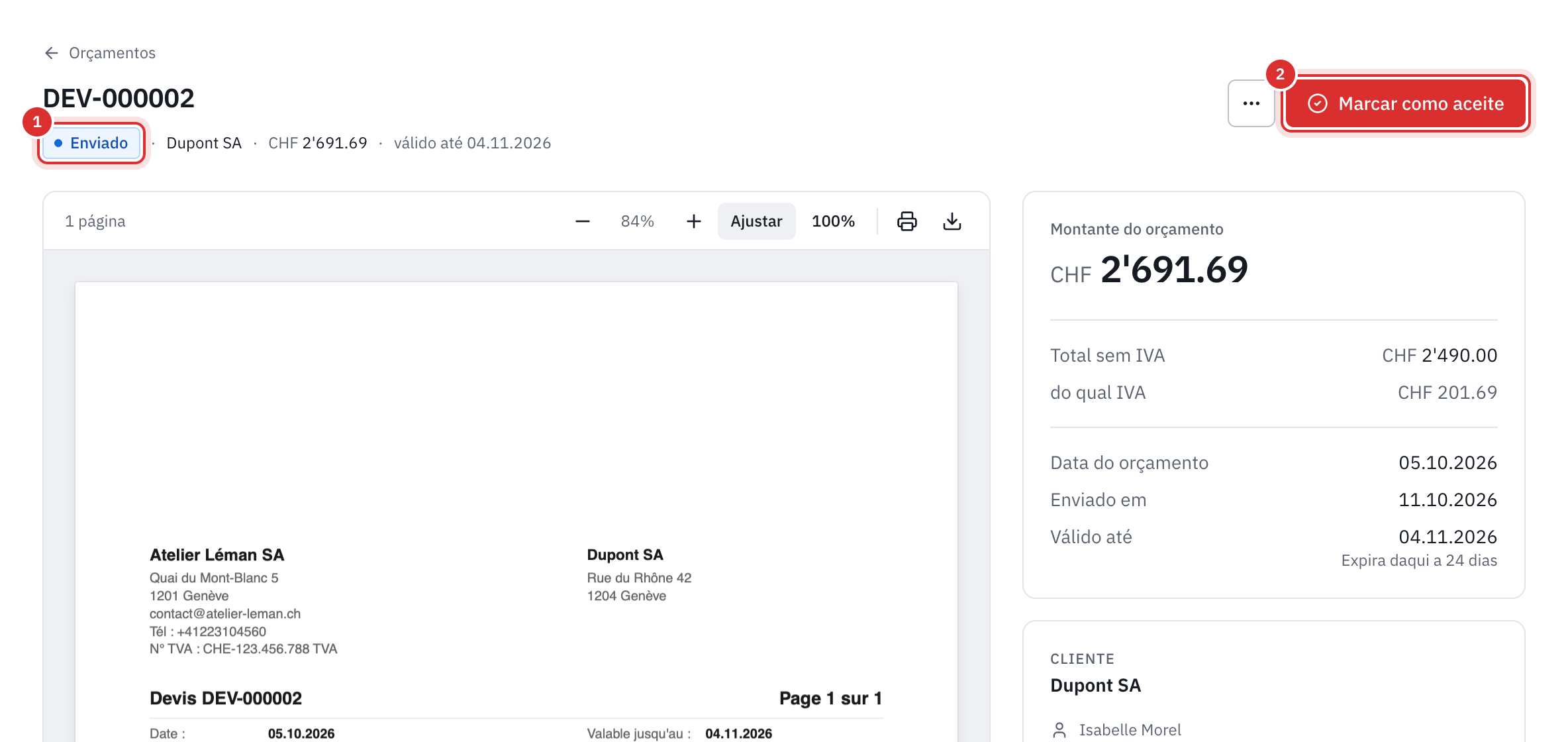 A página de um orçamento enviado: o estado Enviado, o botão Marcar como aceite, a pré-visualização do PDF e o montante do orçamento.