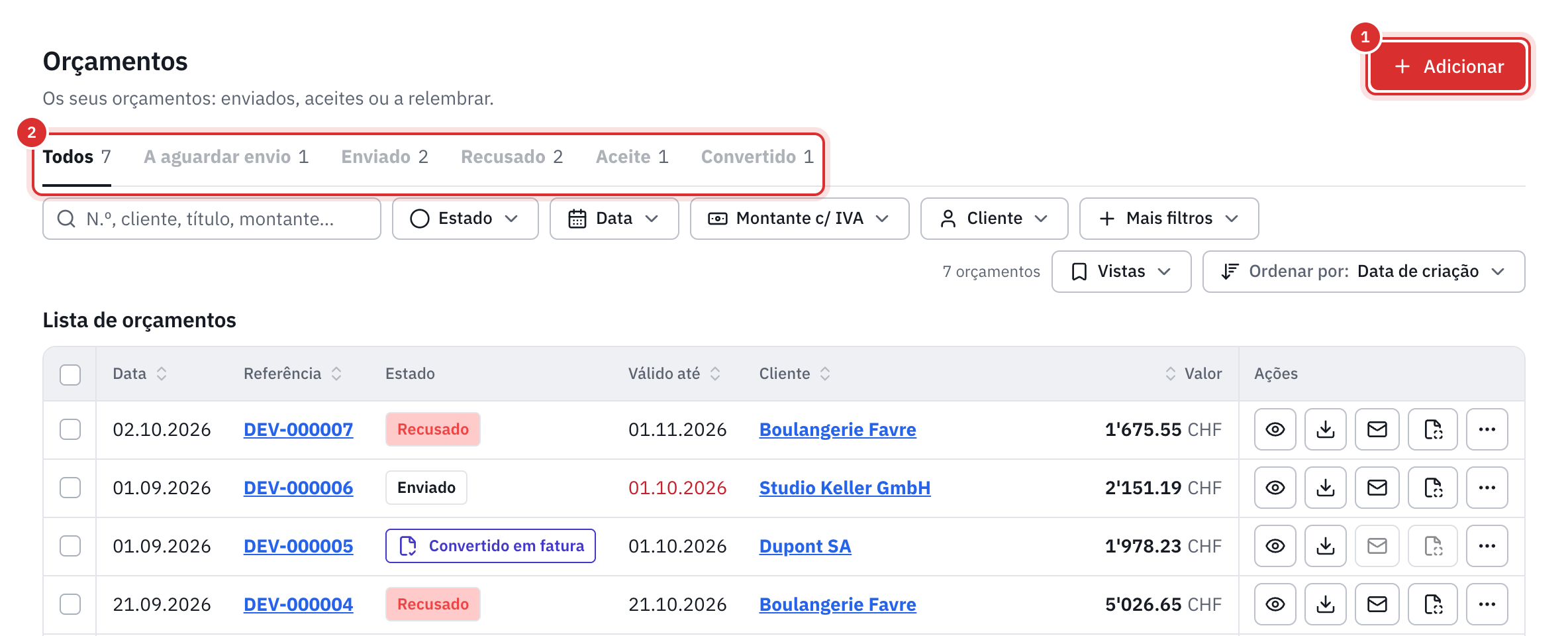 A lista dos orçamentos com o botão Adicionar e os separadores por estado: Todos, A aguardar envio, Enviado, Recusado, Aceite, Convertido.
