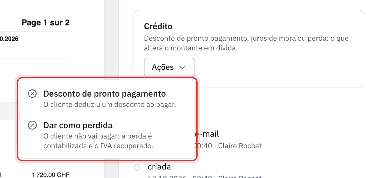 O painel Crédito de uma fatura com o menu Ações aberto: Desconto de pronto pagamento e Dar como perdida.