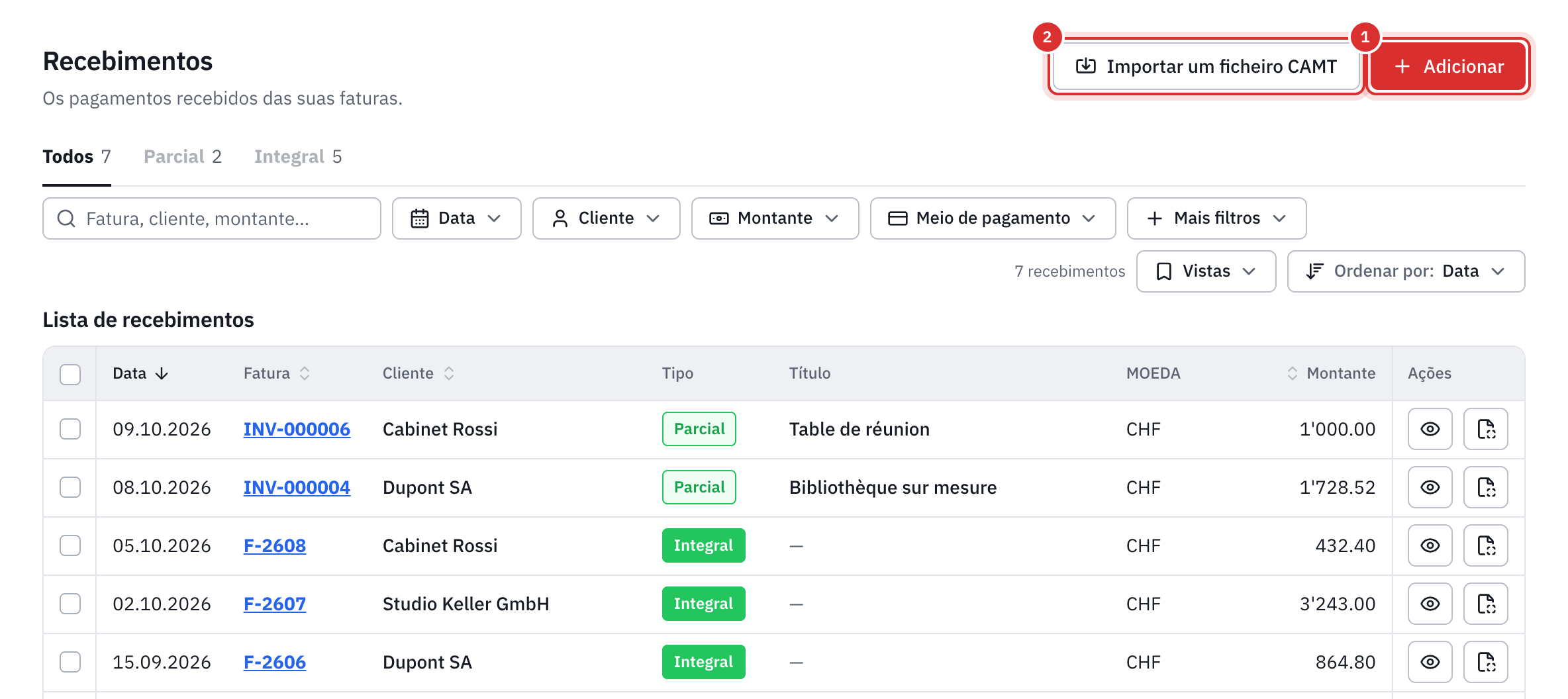A lista dos recebimentos: os botões Adicionar e Importar um ficheiro CAMT, os separadores Todos, Parcial e Integral, os filtros e a tabela dos pagamentos.