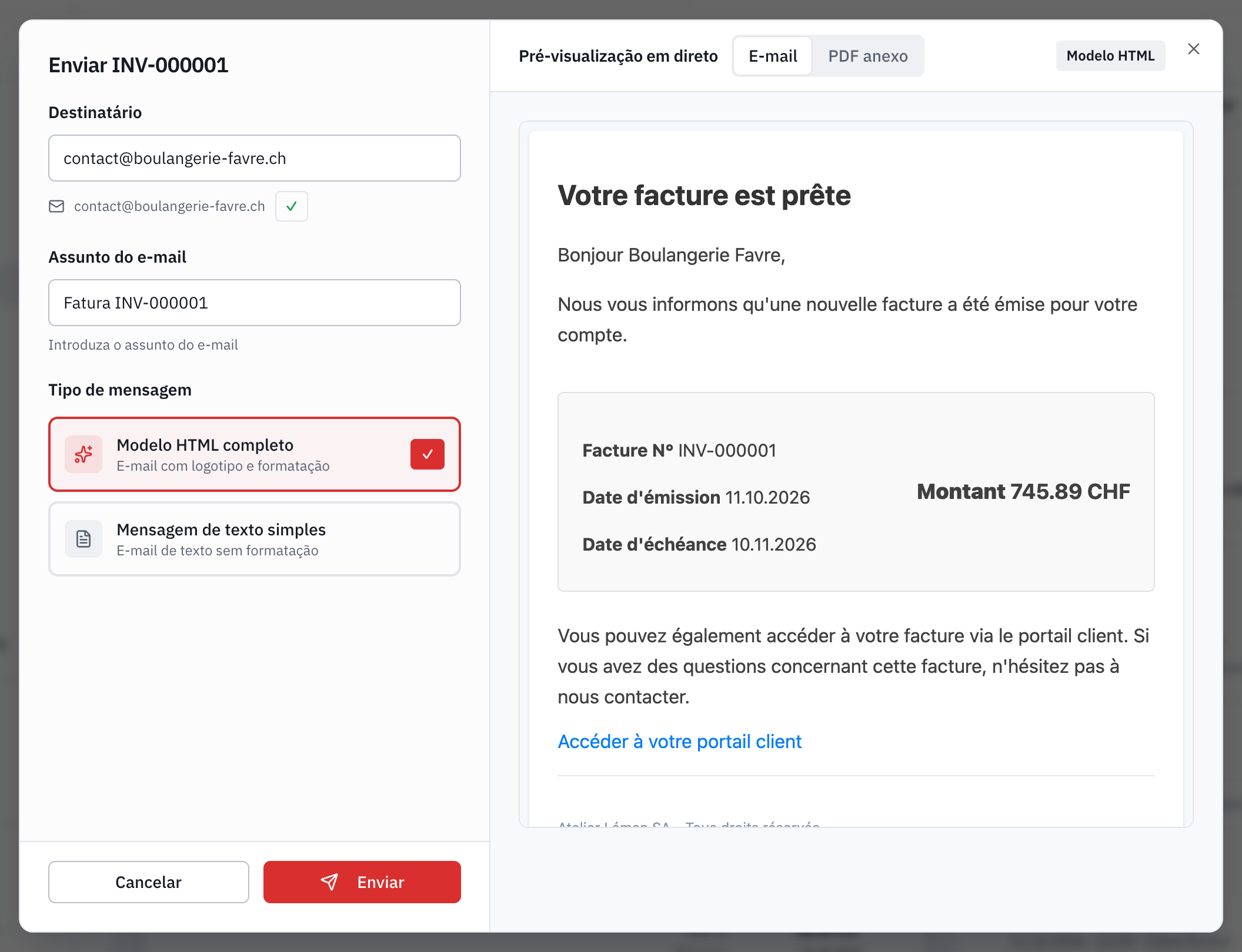 A janela de envio: o destinatário, os outros contactos, o assunto, o tipo de mensagem e a pré-visualização do e-mail com a ligação para o portal do cliente.